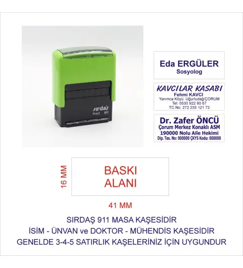 Sırdaş 911 Kişiye Özel İsim Makam Ve Ünvan Kaşesi - YEŞİL MAKİNA MAVİ MÜREKKEP