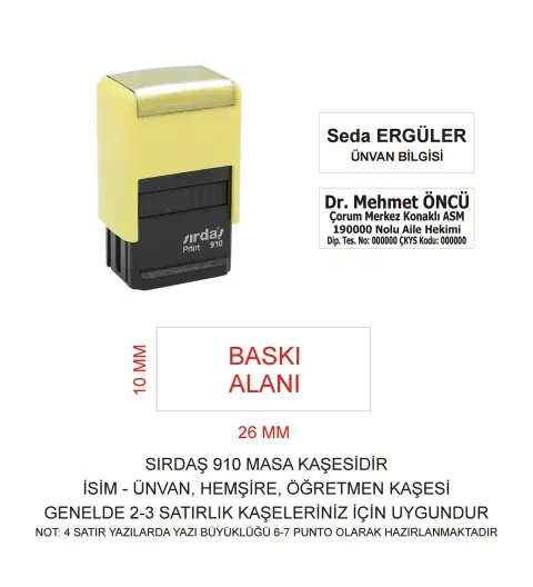Sırdaş 910 İsim Ünvan Kaşesi - Sarı Makina - Siyah Mürekkep