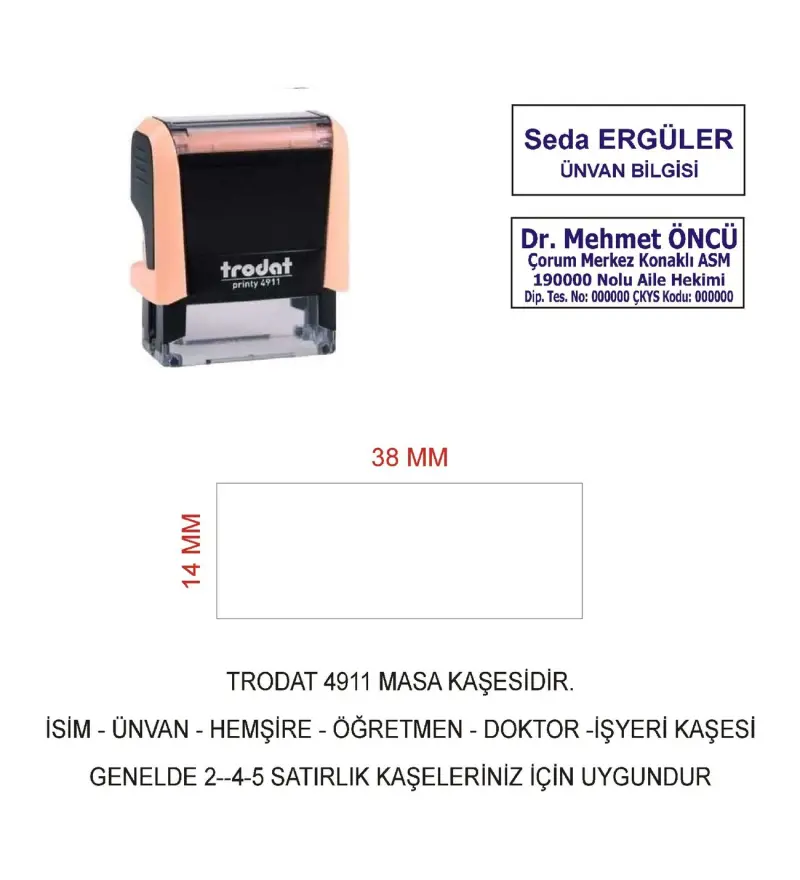 Trodat 4911 İsim Ünvan Kaşesi - Pastel Turuncu - Mavi Mürekkep