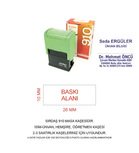 Sırdaş 910 İsim Ünvan Kaşesi - Yeşil Makina - Mavi Mürekkep