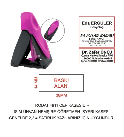Kaşeciniz Trodat 9411 Cep Kaşe Pembe Makina Siyah Mürekkep