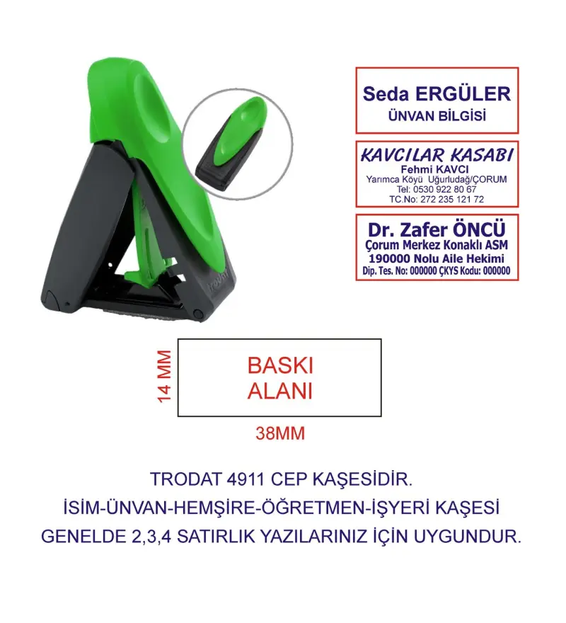 Kaşeciniz Trodat 9411 Cep Kaşe Yeşil Makine Mavi Mürekkep