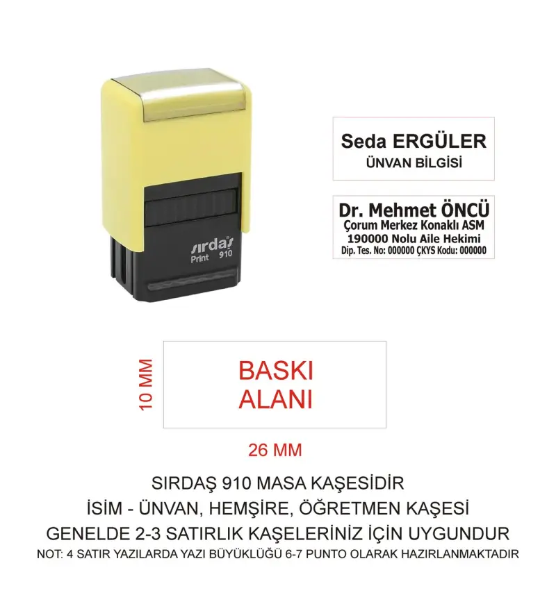 Sırdaş 910 İsim Ünvan Kaşesi - Sarı Makina - Siyah Mürekkep