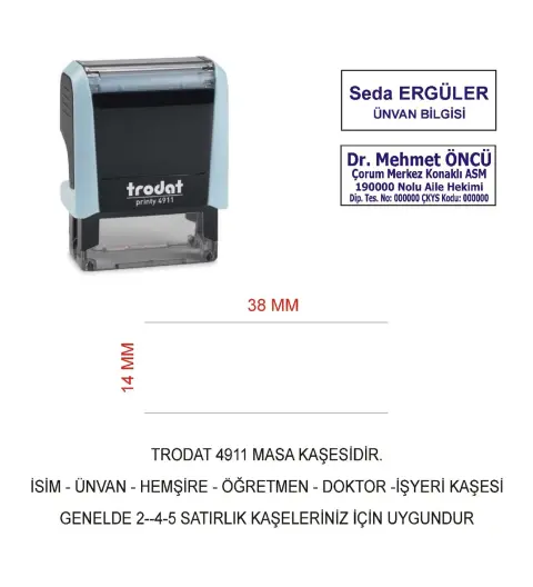 Trodat 4911 İsim Ünvan Kaşesi - Pastel Mavi - Mavi Mürekkep