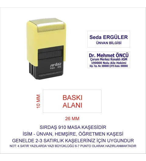 Sırdaş 910 İsim Ünvan Kaşesi - Sarı Makina - Mavi Mürekkep