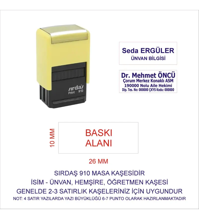 Sırdaş 910 İsim Ünvan Kaşesi - Sarı Makina - Mavi Mürekkep