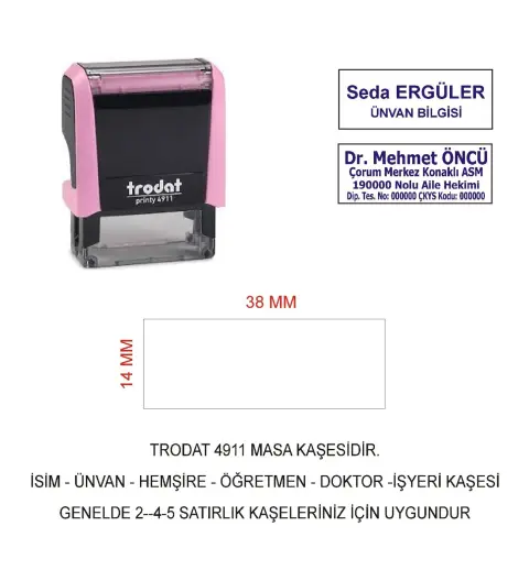 Trodat 4911 İsim Ünvan Kaşesi - Pastel Pemve - Mavi Mürekkep