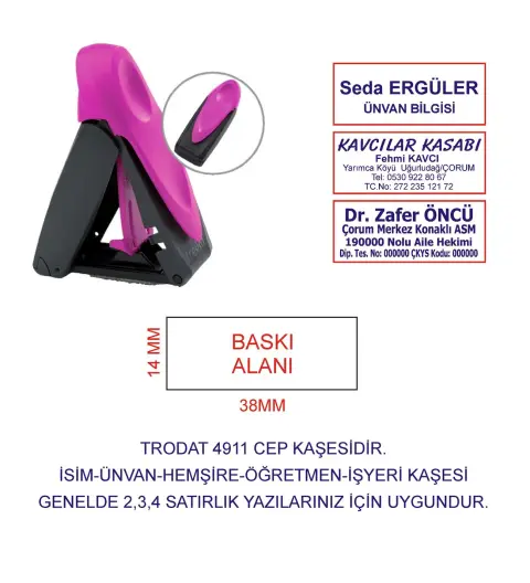 Kaşeciniz Trodat 9411 Cep Kaşe Pembe Makine Mavi Mürekkep