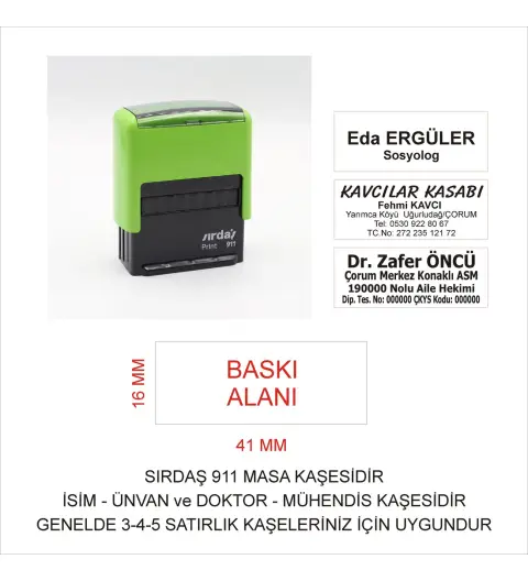 Sırdaş 911 Kişiye Özel İsim Makam Ve Ünvan Kaşesi - YEŞİL MAKİNA SİYAH MÜREKKEP