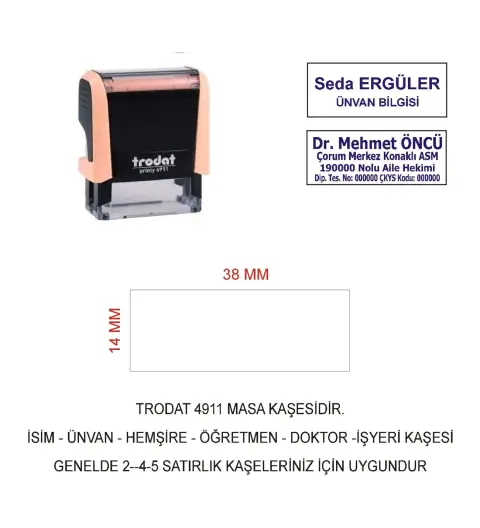 Trodat 4911 İsim Ünvan Kaşesi - Pastel Turuncu - Mavi Mürekkep