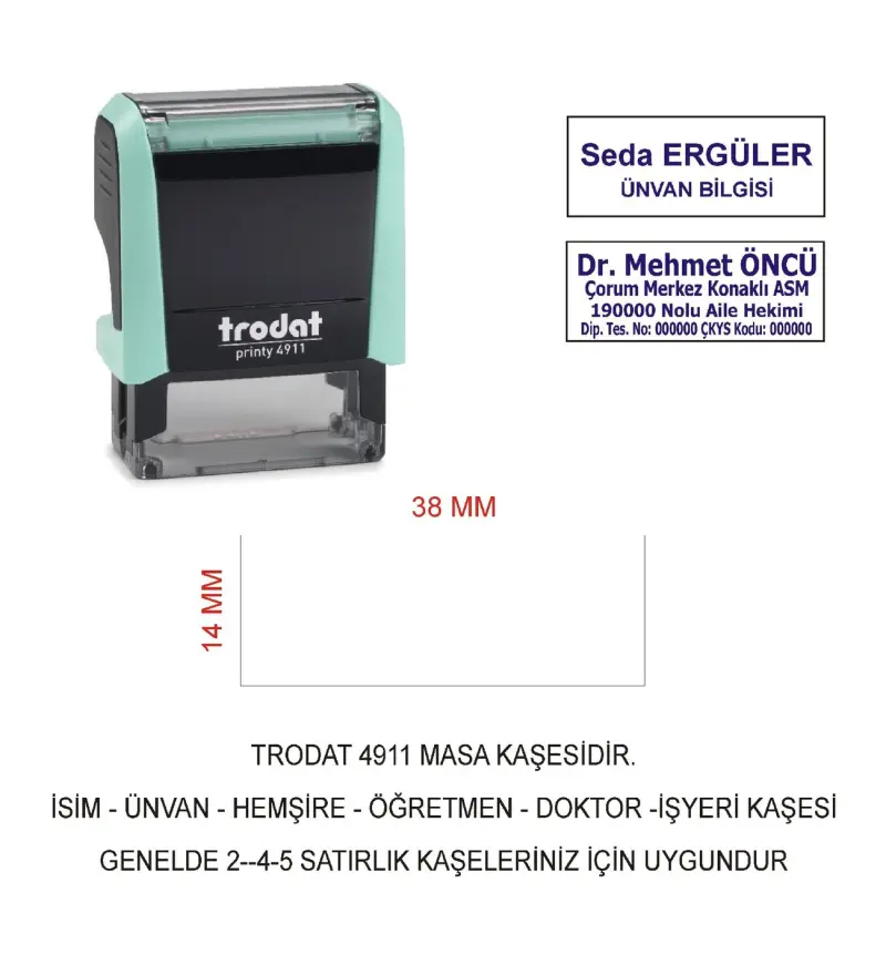 Trodat 4911 İsim Ünvan Kaşesi - Pastel Yeşil - Mavi Mürekkep