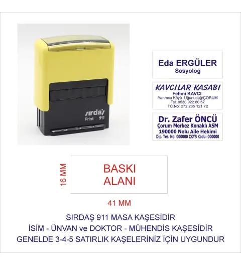 Sırdaş 911 Kişiye Özel İsim Makam Ve Ünvan Kaşesi - SARI MAKİNA MAVİ MÜREKKEP