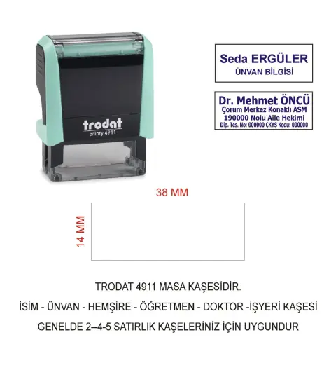 Trodat 4911 İsim Ünvan Kaşesi - Pastel Yeşil - Mavi Mürekkep